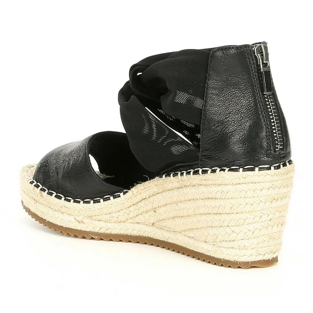 NWOB Eileen Fisher Wiley Black Leather Espadrille Wedge Sandals Size 7